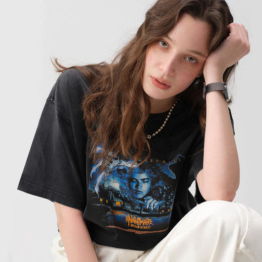 714street美式复古恐怖电影海报水洗短袖T恤男2025夏季新款情侣装 商品图0