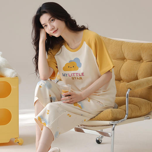 自然醒盛夏家居服100纯棉女士睡衣短袖家居服女春秋款夏天夏款薄款套装QH 商品图0