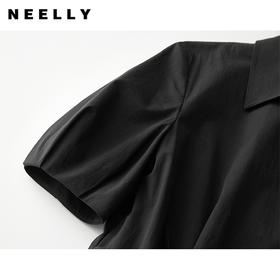 NEELLY纳俪商场同款夏季新款盘扣收腰连衣裙女黑色气质泡泡袖长裙N25054Y04657