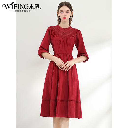 未风红色复古镂空连衣裙女春2025春季新款女装气质泡泡袖高腰裙子 商品图1