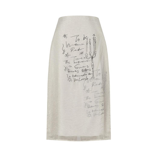 两三事 烛光幽信 2025夏季新款简约字母印花网纱直筒半身裙 商品图4