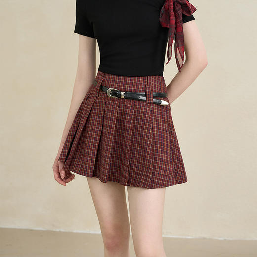 【纯棉】学院风复古红色格纹半身裙女夏季A字百褶裙V0950634 商品图0