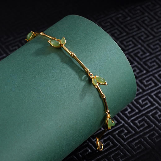 子佩集S925银【竹韵拾光】手链【WSE2312】纯银和田碧玉镀金竹叶2504 商品图4