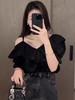 9.3秒杀~ 设计师品牌-5812荷叶边夏季法式露肩锁骨v领上衣-喜出 商品缩略图1