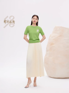 鄂尔多斯1980春夏羊毛羊绒混纺小鹿手绣嵌花女薄款短袖针织衫