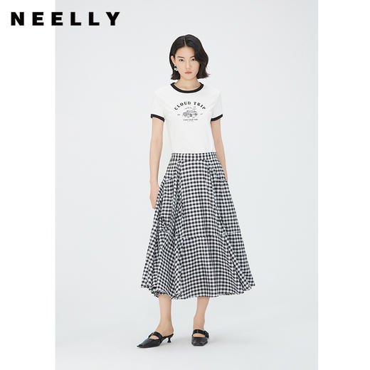 NEELLY纳俪商场同款夏季新款高腰黑白格半身裙女百搭中长款A字裙N25054E04624 商品图0