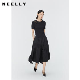 NEELLY纳俪商场同款夏新款盘扣设计感针织短袖女通勤显瘦镂空上衣N25054A04660