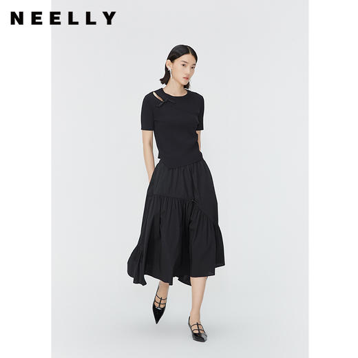 NEELLY纳俪商场同款夏新款盘扣设计感针织短袖女通勤显瘦镂空上衣N25054A04660 商品图0