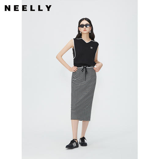 NEELLY纳俪商场同款夏季新款黑白条纹后开叉半身裙女时尚修身长裙N25054E04620 商品图0