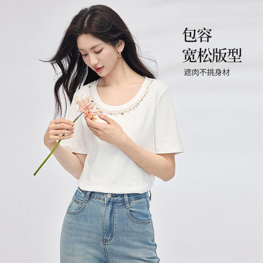 【五折购】熙世界彩珠圆领短袖T恤女设计感休闲百搭体恤棉上衣2025夏天新款 商品图2