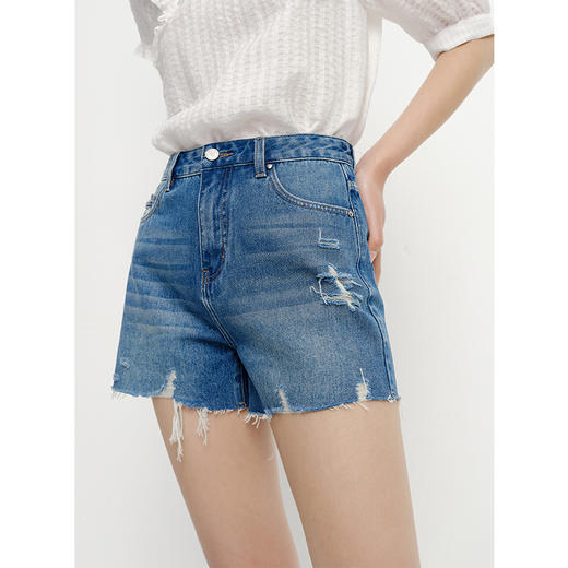 NEELLY纳俪商场同款夏新款高腰牛仔短裤女破洞拉毛设计宽松直筒裤N25054H04665 商品图1