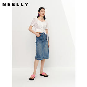 NEELLY纳俪商场同款夏新款时尚牛仔半身裙女简约后开叉直筒包臀裙N25054E04639