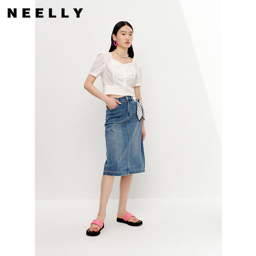 NEELLY纳俪商场同款夏新款时尚牛仔半身裙女简约后开叉直筒包臀裙N25054E04639 商品图0
