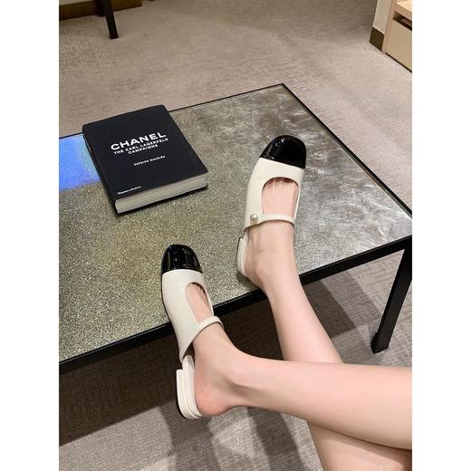 法式方圆头珍珠一字带包头半拖女百搭拼接浅口玛丽珍半托 商品图1