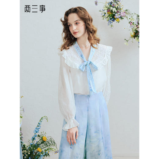 两三事仙灵圣约2025夏新款温柔风蕾丝拼接印花绑带两件套雪纺衫女 商品图0