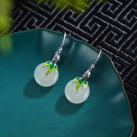 子佩集S925银【竹意诗情】耳环【ES00822】纯银和田玉珐琅彩平安扣2504