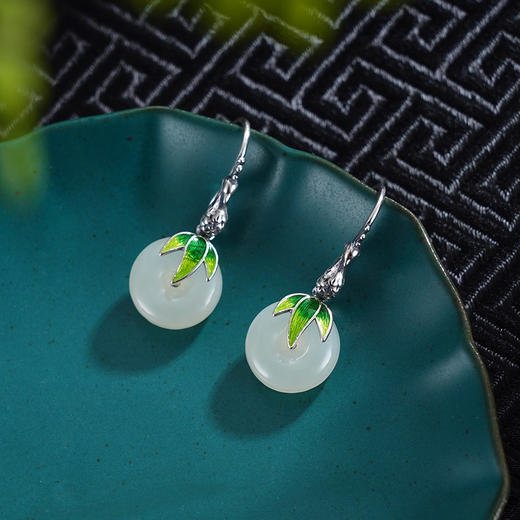 子佩集S925银【竹意诗情】耳环【ES00822】纯银和田玉珐琅彩平安扣2504 商品图1