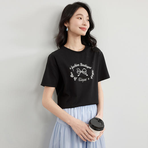 【专属特价】熙世界美式复古蝴蝶结印花T恤短袖圆领正肩体恤上衣女2025夏新款 商品图3