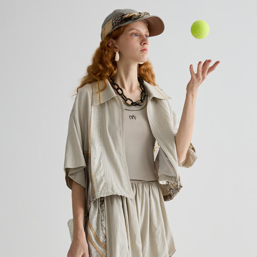 谜底外套短袖女2025夏季新品复古风拼接大廓形H型短外套252MW0608 商品图1