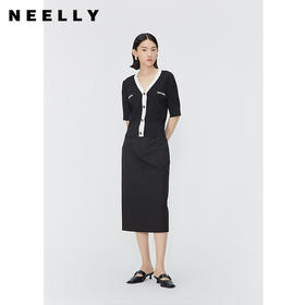 NEELLY纳俪商场同款夏新款五分袖V领针织上衣女简约通勤显瘦上衣N25054A04659