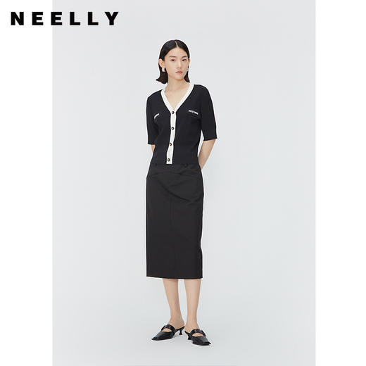 NEELLY纳俪商场同款夏新款五分袖V领针织上衣女简约通勤显瘦上衣N25054A04659 商品图0