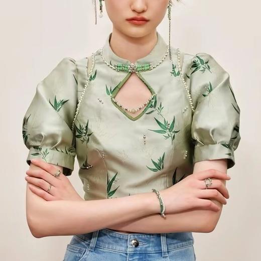 MAXRIENY新中式竹叶提花上衣截短薄荷漫波衬衫 商品图1