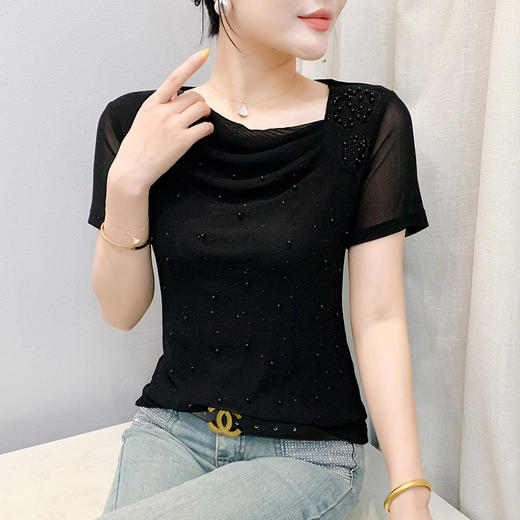 KQL 311H9039满天星烫钻斜领网纱短袖纯色洋气时尚休闲 商品图3