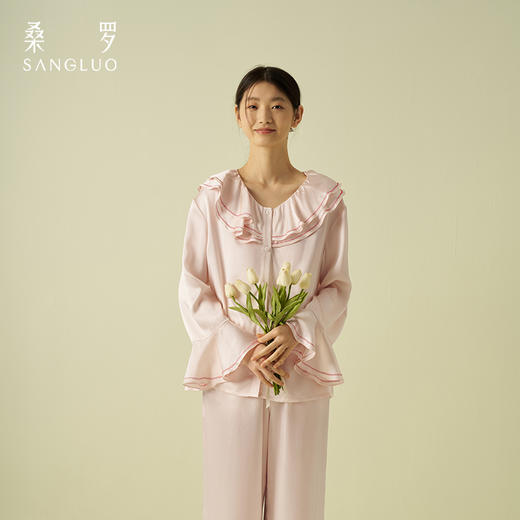 复古中式』桑罗100%桑蚕丝荷叶边领长款简约套装女春夏2025年新款 商品图4