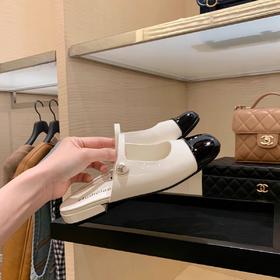 法式方圆头珍珠一字带包头半拖女百搭拼接浅口玛丽珍半托