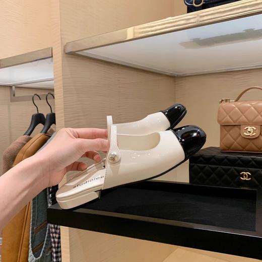 法式方圆头珍珠一字带包头半拖女百搭拼接浅口玛丽珍半托 商品图0