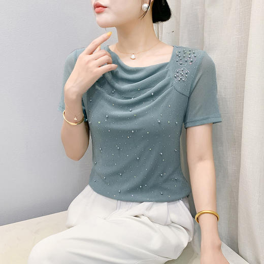 KQL 311H9039满天星烫钻斜领网纱短袖纯色洋气时尚休闲 商品图2