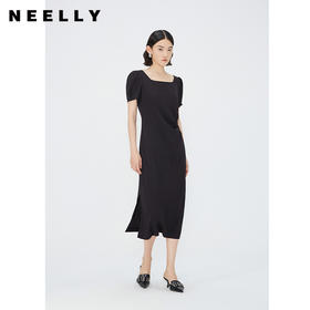 NEELLY纳俪商场同款夏季新款泡泡袖连衣裙女褶皱显瘦方领气质长裙N25054Y04648