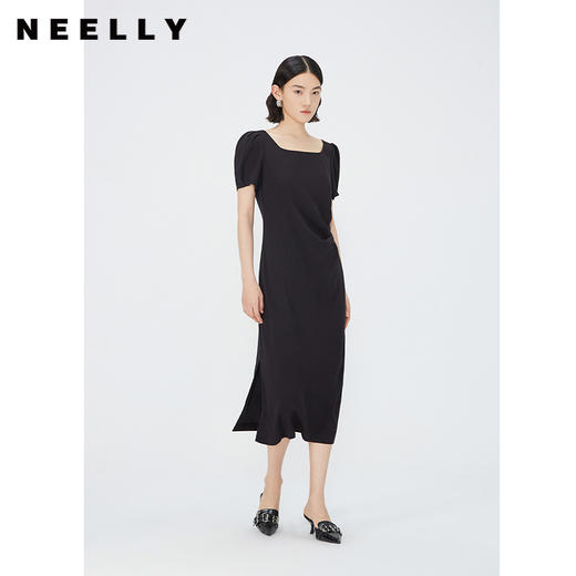 NEELLY纳俪商场同款夏季新款泡泡袖连衣裙女褶皱显瘦方领气质长裙N25054Y04648 商品图0
