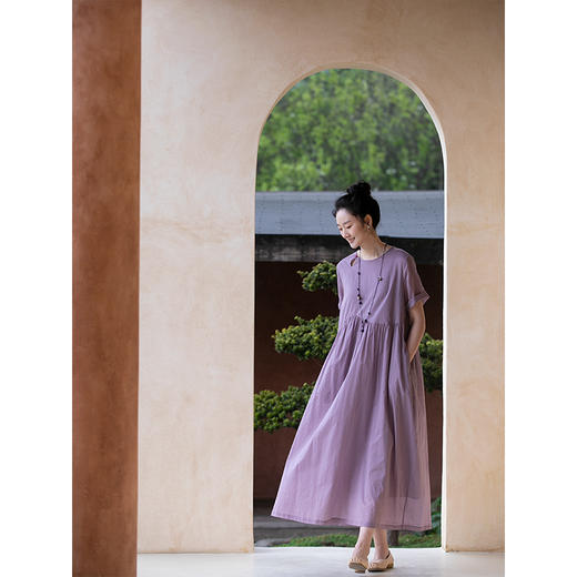 牧衣游原创 100支全棉连衣裙新款轻薄柔软舒适纯色文艺长裙 月观 商品图1