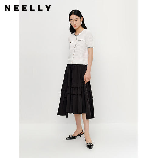 NEELLY纳俪商场同款夏新款松紧腰半身裙女不规则黑色中长款A字裙N25054E04640 商品图0