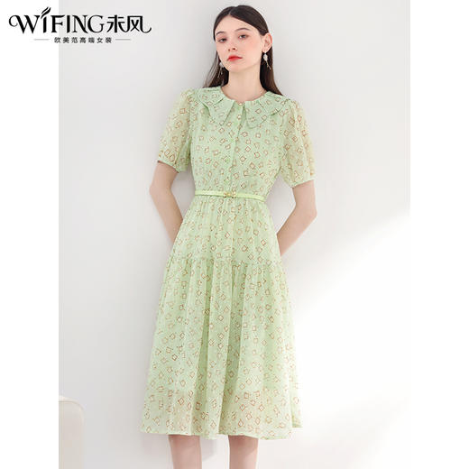 未风绿色雪纺连衣裙女夏2025夏季新款女装法式泡泡袖今年流行裙子 商品图3