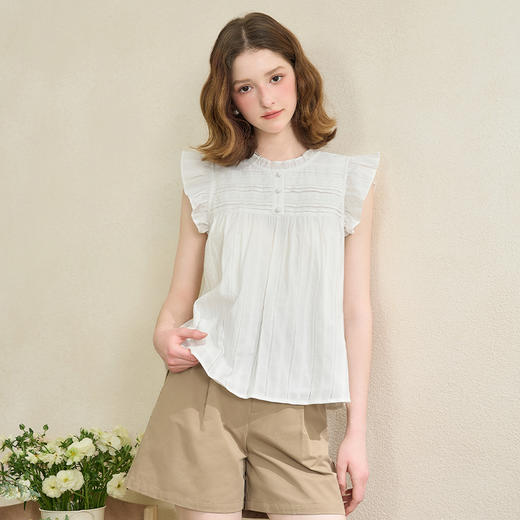 【纯棉】甜美木耳边飞飞袖衬衫女夏季拼接面料衬衣V1250684 商品图2