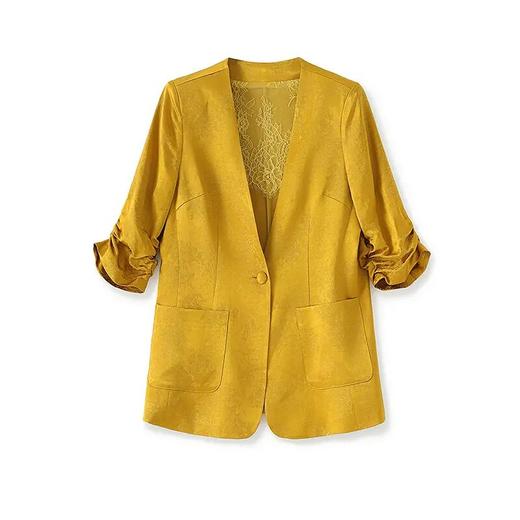 【高货wl】全新升级【铂金会员330/天猫439/差价109】(01100) 洛诗琳新款轻奢提花人丝抽褶袖外套女宽松V领蕾丝西装上衣 商品图4