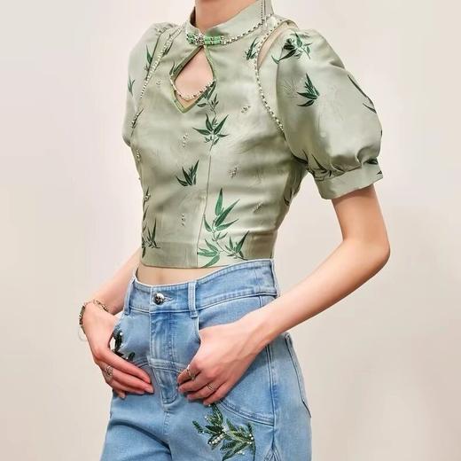 MAXRIENY新中式竹叶提花上衣截短薄荷漫波衬衫 商品图2