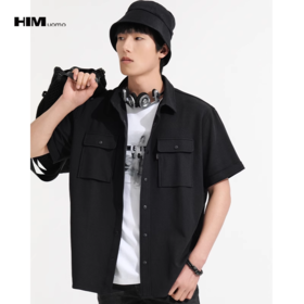 HIM漢崇  经典方领黑色短袖衬衫男士休闲斯文工装款衬衣 2026夏季