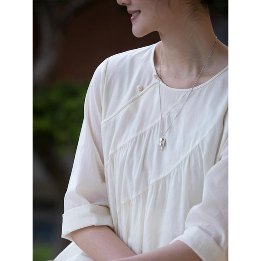 牧衣游原创 80支全棉套头衫新品轻薄通透斜襟白色百搭上衣 江南桂 商品图3