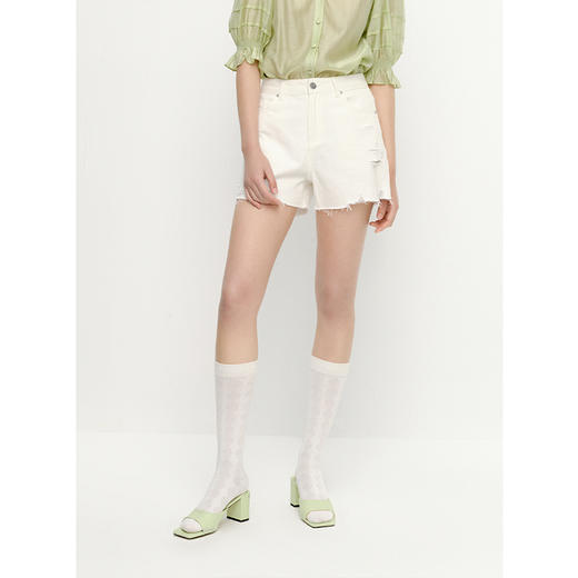 NEELLY纳俪商场同款夏新款高腰牛仔短裤女破洞拉毛设计宽松直筒裤N25054H04665 商品图2