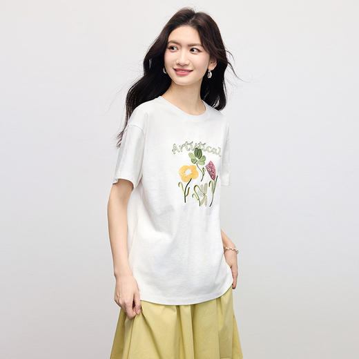 【专属特价】熙世界100%长绒棉绣花T恤短袖女2025夏季新款圆领宽松白体恤上衣 商品图3