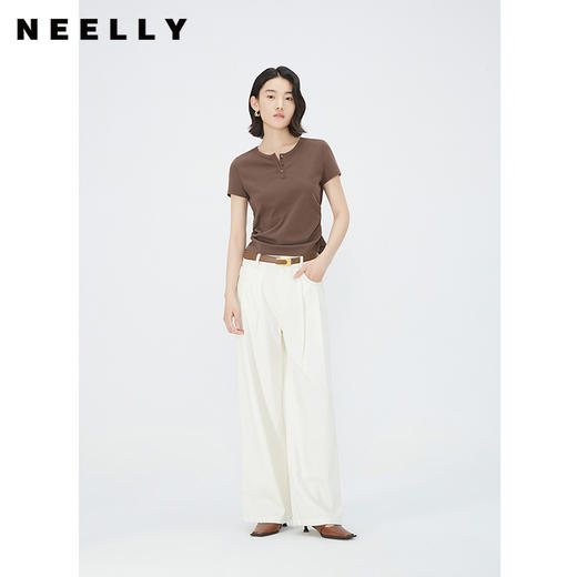 NEELLY纳俪商场同款夏新款设计感短袖正肩T恤女极简修身显瘦上衣N25054T04603 商品图0