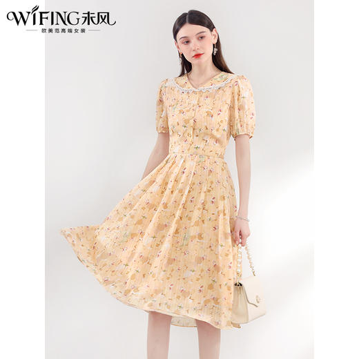 未风黄色雪纺碎花连衣裙女夏2025夏季新款气质法式泡泡袖显瘦裙子 商品图2
