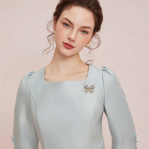 QF841斯尔丽25夏季新款气质轻奢法式修身送镶钻胸花宴会礼服显高连衣裙 商品图4