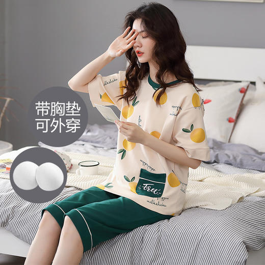 自然醒清梦家居服（带胸垫）睡衣女夏100纯棉短袖薄款七分裤可外穿家居服套装QH 商品图8