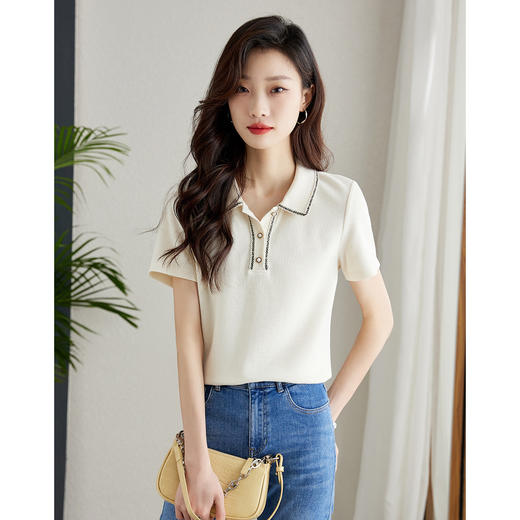 【专属特价】熙世界文艺风肌理感T恤休闲织带POLO衫2025年夏季款短袖上衣女t 商品图1