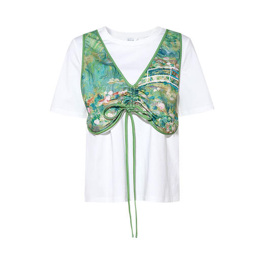 两三事 蝶吻清泉 2025夏季新款时尚珠片绣印花布拼接假两件t恤女 商品图4