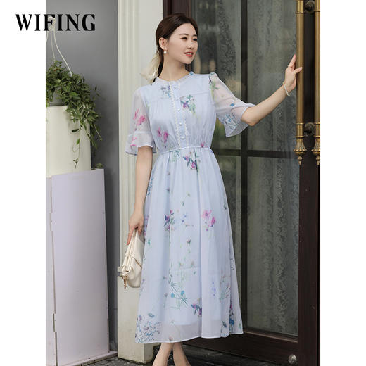 未风蓝色雪纺碎花连衣裙女夏2025年夏季新款女装气质法式收腰裙子 商品图2